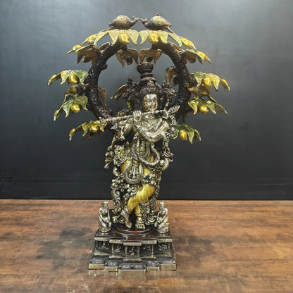 Brassaura® Brass Radha Krishna Under Kadamba Tree Idol | Handcrafted Krishna Playing Flute Statue for Home Temple, Living Room & Office Décor | Antique Dual Tone Finish | Premium Brass Murti | 33 Inches | 51 Kg