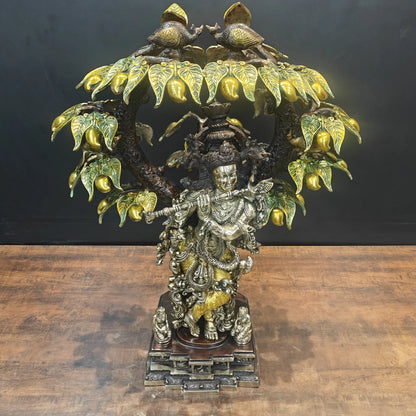 Brassaura® Brass Radha Krishna Under Kadamba Tree Idol | Handcrafted Krishna Playing Flute Statue for Home Temple, Living Room & Office Décor | Antique Dual Tone Finish | Premium Brass Murti | 33 Inches | 51 Kg