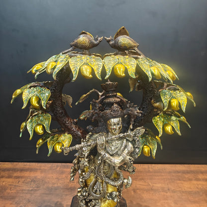 Brassaura® Brass Radha Krishna Under Kadamba Tree Idol | Handcrafted Krishna Playing Flute Statue for Home Temple, Living Room & Office Décor | Antique Dual Tone Finish | Premium Brass Murti | 33 Inches | 51 Kg