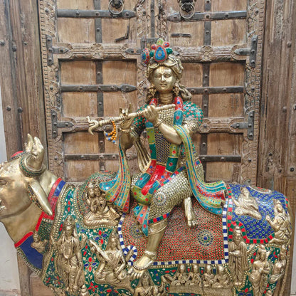 Brassaura® Brass Krishna with Kamadhenu & Calf Statue | Height 43 Inches