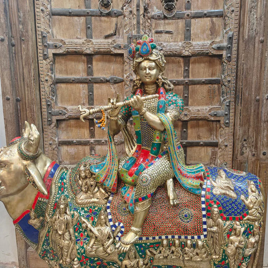Brassaura® Brass Krishna with Kamadhenu & Calf Statue | Height 43 Inches