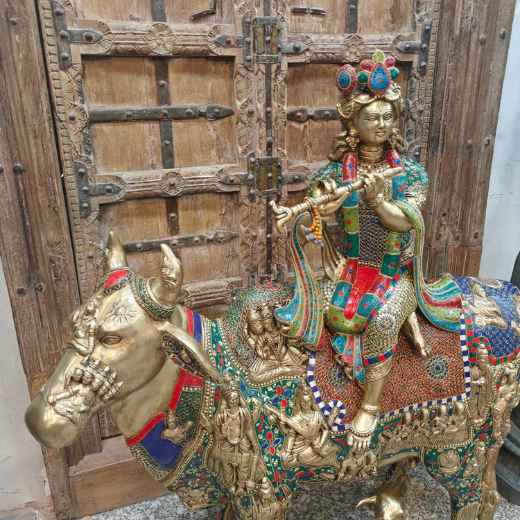 Brassaura® Brass Krishna with Kamadhenu & Calf Statue | Height 43 Inches