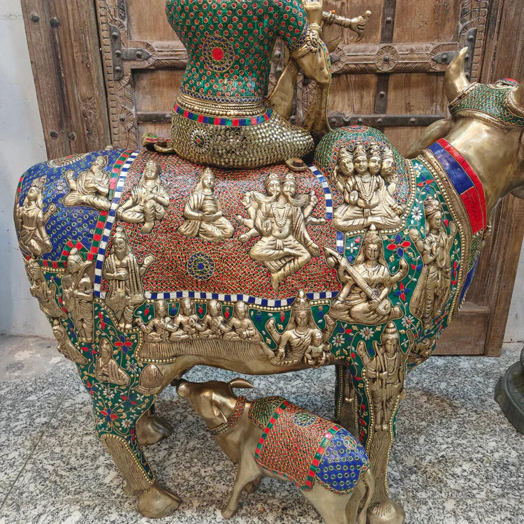 Brassaura® Brass Krishna with Kamadhenu & Calf Statue | Height 43 Inches