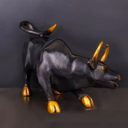 Brassaura® Charging Bull Sculpture with Black Patina Finish | Pure Superfine Brass Handcrafted Murti | Brass Statue for Home Temple, Pooja Room | Height 8 Inches | Weight 6 Kgs