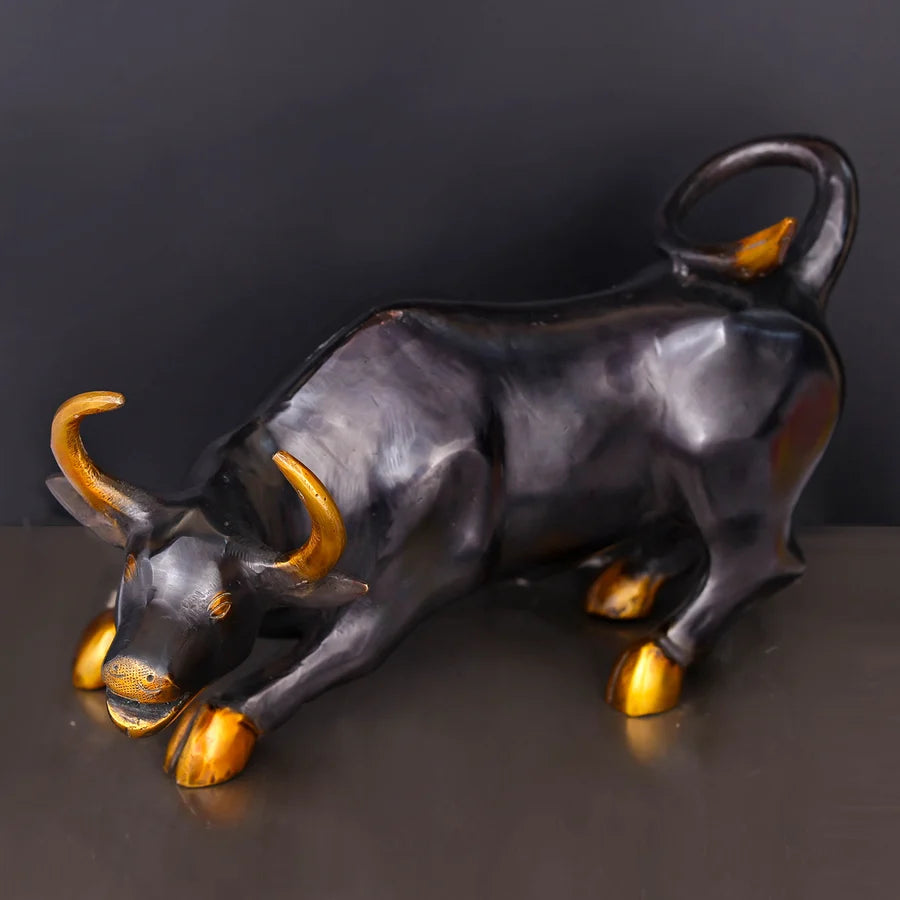 Brassaura® Charging Bull Sculpture with Black Patina Finish | Pure Superfine Brass Handcrafted Murti | Brass Statue for Home Temple, Pooja Room | Height 8 Inches | Weight 6 Kgs