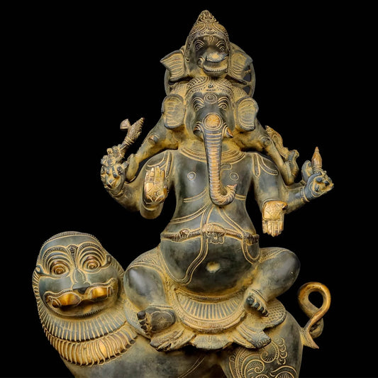 Brassaura® Ganesha Seated on Lion Idol with Antique Finish | Pure Superfine Brass Handcrafted Murti | Brass Statue for Home Temple, Pooja Room | Height 22.5 Inches | Weight 20.4 Kgs