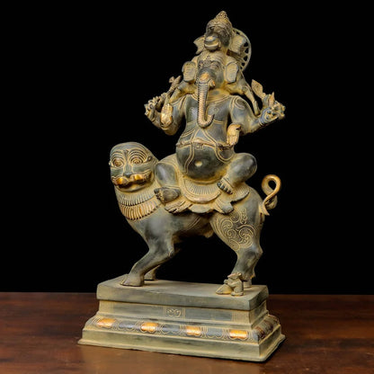 Brassaura® Ganesha Seated on Lion Idol with Antique Finish | Pure Superfine Brass Handcrafted Murti | Brass Statue for Home Temple, Pooja Room | Height 22.5 Inches | Weight 20.4 Kgs