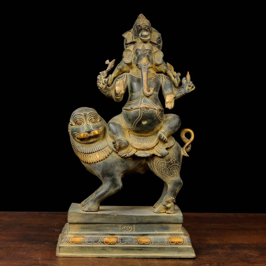 Brassaura® Ganesha Seated on Lion Idol with Antique Finish | Pure Superfine Brass Handcrafted Murti | Brass Statue for Home Temple, Pooja Room | Height 22.5 Inches | Weight 20.4 Kgs
