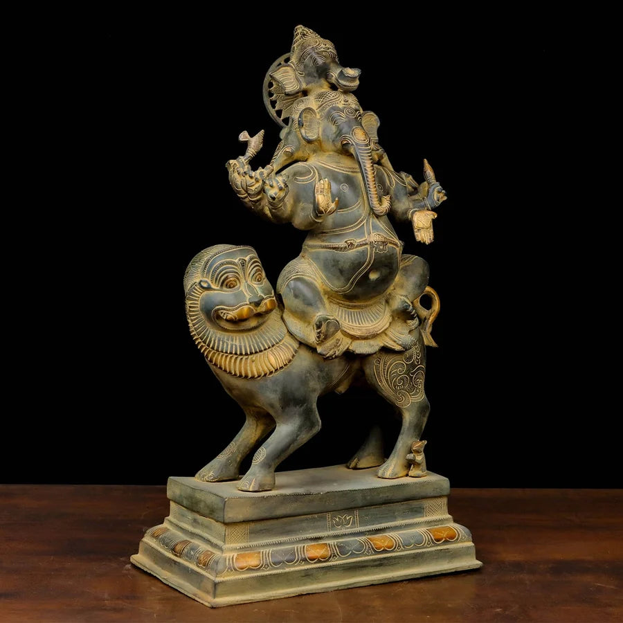 Brassaura® Ganesha Seated on Lion Idol with Antique Finish | Pure Superfine Brass Handcrafted Murti | Brass Statue for Home Temple, Pooja Room | Height 22.5 Inches | Weight 20.4 Kgs