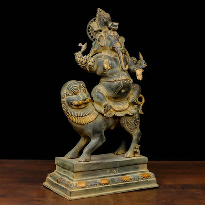 Brassaura® Ganesha Seated on Lion Idol with Antique Finish | Pure Superfine Brass Handcrafted Murti | Brass Statue for Home Temple, Pooja Room | Height 22.5 Inches | Weight 20.4 Kgs