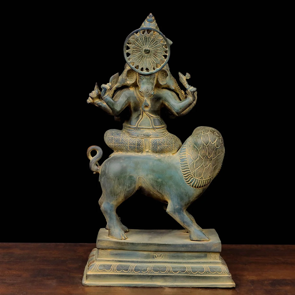 Brassaura® Ganesha Seated on Lion Idol with Antique Finish | Pure Superfine Brass Handcrafted Murti | Brass Statue for Home Temple, Pooja Room | Height 22.5 Inches | Weight 20.4 Kgs