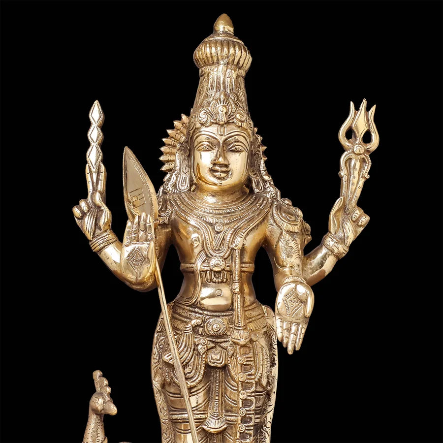 Brassaura® Kartikeya Murugan Standing Idol with Golden Finish | Pure Superfine Brass Handcrafted Murti | Brass Statue for Home Temple, Pooja Room | Height 20 Inches | Weight 10.3 Kgs