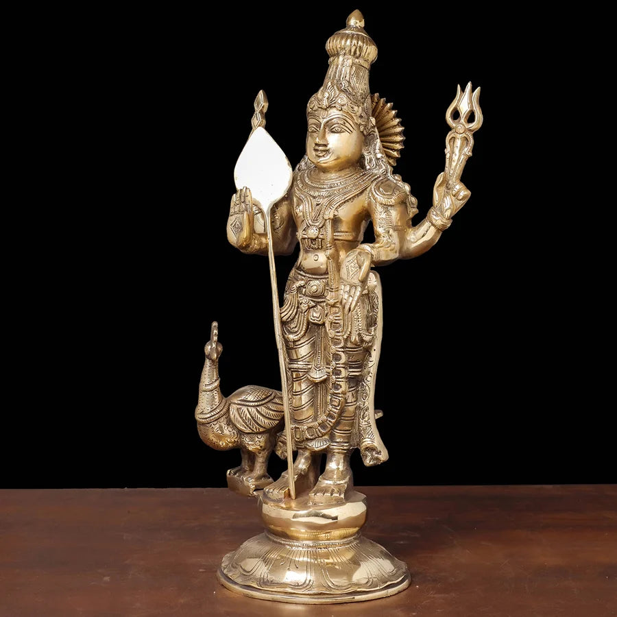 Brassaura® Kartikeya Murugan Standing Idol with Golden Finish | Pure Superfine Brass Handcrafted Murti | Brass Statue for Home Temple, Pooja Room | Height 20 Inches | Weight 10.3 Kgs