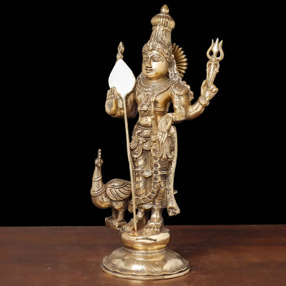 Brassaura® Kartikeya Murugan Standing Idol with Golden Finish | Pure Superfine Brass Handcrafted Murti | Brass Statue for Home Temple, Pooja Room | Height 20 Inches | Weight 10.3 Kgs