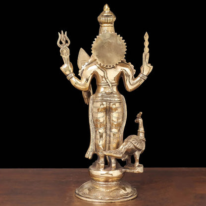 Brassaura® Kartikeya Murugan Standing Idol with Golden Finish | Pure Superfine Brass Handcrafted Murti | Brass Statue for Home Temple, Pooja Room | Height 20 Inches | Weight 10.3 Kgs