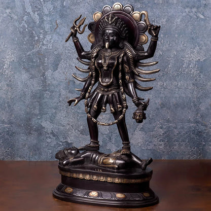Brassaura® Maa Kali Standing Idol with Black Patina Finish | Pure Superfine Brass Handcrafted Murti | Brass Statue for Home Temple, Pooja Room | Height 20 Inches | Weight 10 Kgs