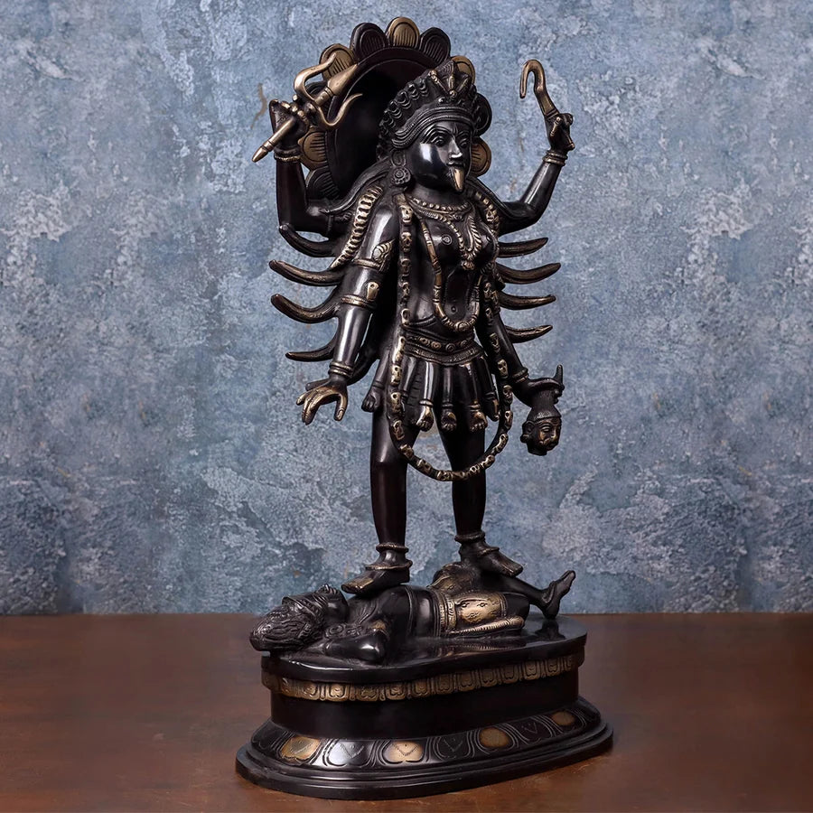 Brassaura® Maa Kali Standing Idol with Black Patina Finish | Pure Superfine Brass Handcrafted Murti | Brass Statue for Home Temple, Pooja Room | Height 20 Inches | Weight 10 Kgs