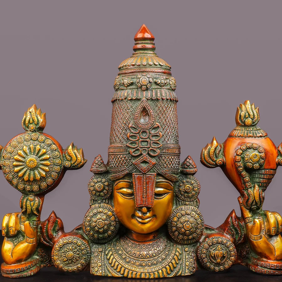 Brassaura® Lord Venkateshwara Tirupati Balaji Face Wall Hanging with Multi-Color Finish | Pure Superfine Brass Handcrafted Murti | Brass Statue for Home Temple, Pooja Room | Height 15 Inches | Weight 10.7 Kgs