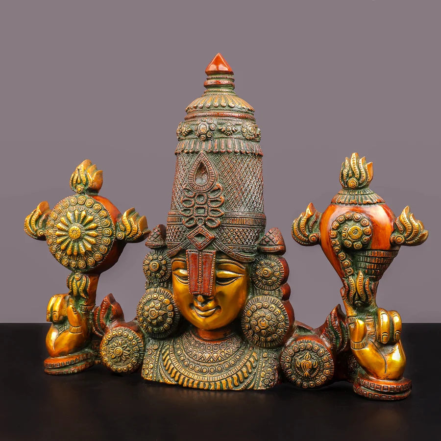 Brassaura® Lord Venkateshwara Tirupati Balaji Face Wall Hanging with Multi-Color Finish | Pure Superfine Brass Handcrafted Murti | Brass Statue for Home Temple, Pooja Room | Height 15 Inches | Weight 10.7 Kgs