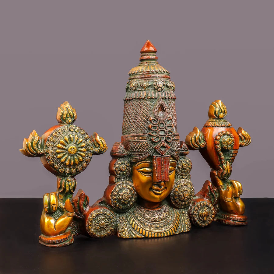 Brassaura® Lord Venkateshwara Tirupati Balaji Face Wall Hanging with Multi-Color Finish | Pure Superfine Brass Handcrafted Murti | Brass Statue for Home Temple, Pooja Room | Height 15 Inches | Weight 10.7 Kgs