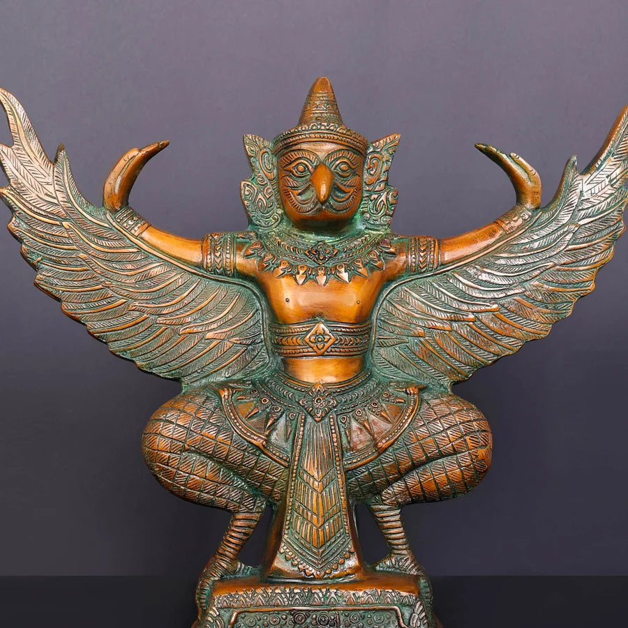 Brassaura® Garuda Open Wings Idol with Multi-Color Finish | Pure Superfine Brass Handcrafted Murti | Brass Statue for Home Temple, Pooja Room | Height 12 Inches | Weight 7 Kgs