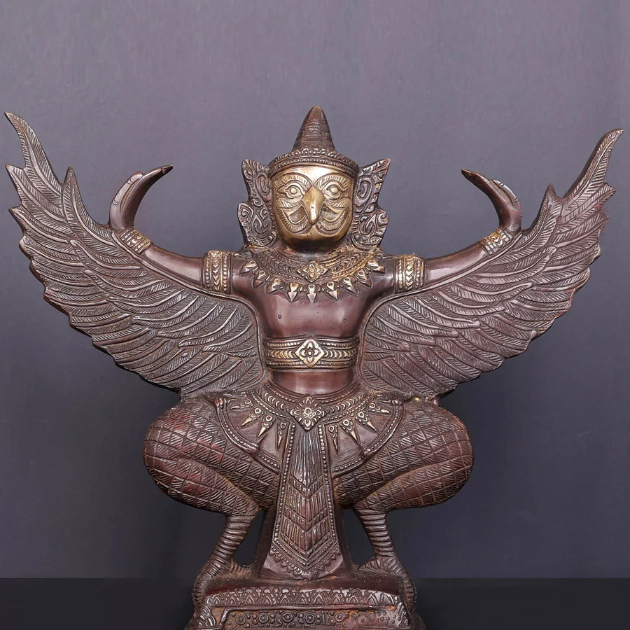 Brassaura® Garuda Open Wings Idol with Antique Finish | Pure Superfine Brass Handcrafted Murti | Brass Statue for Home Temple, Pooja Room | Height 12 Inches | Weight 7 Kgs