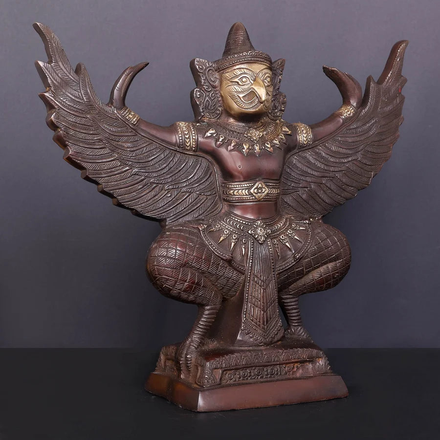 Brassaura® Garuda Open Wings Idol with Antique Finish | Pure Superfine Brass Handcrafted Murti | Brass Statue for Home Temple, Pooja Room | Height 12 Inches | Weight 7 Kgs