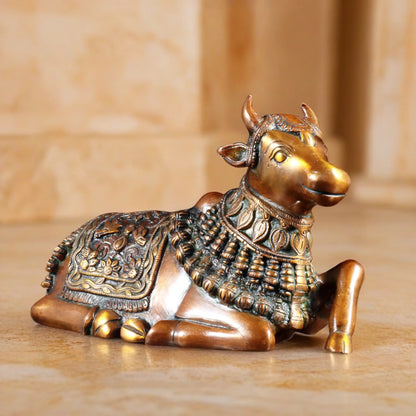 Brassaura™ Pure Brass Engraved Nandi Statue with Double Chola Tone | Handcrafted Spiritual Décor | Weight 2.8 Kgs | Width 10 Inches