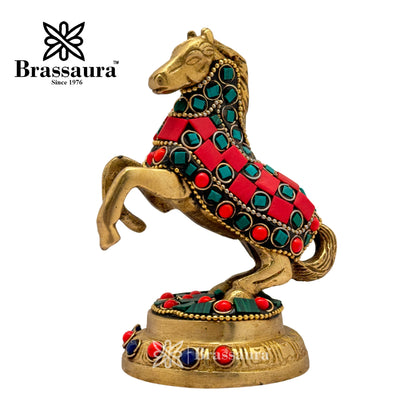 Brass Gem Stone Work Horse Idol for Home and Decor Weight .5 Kg Height 9 cm