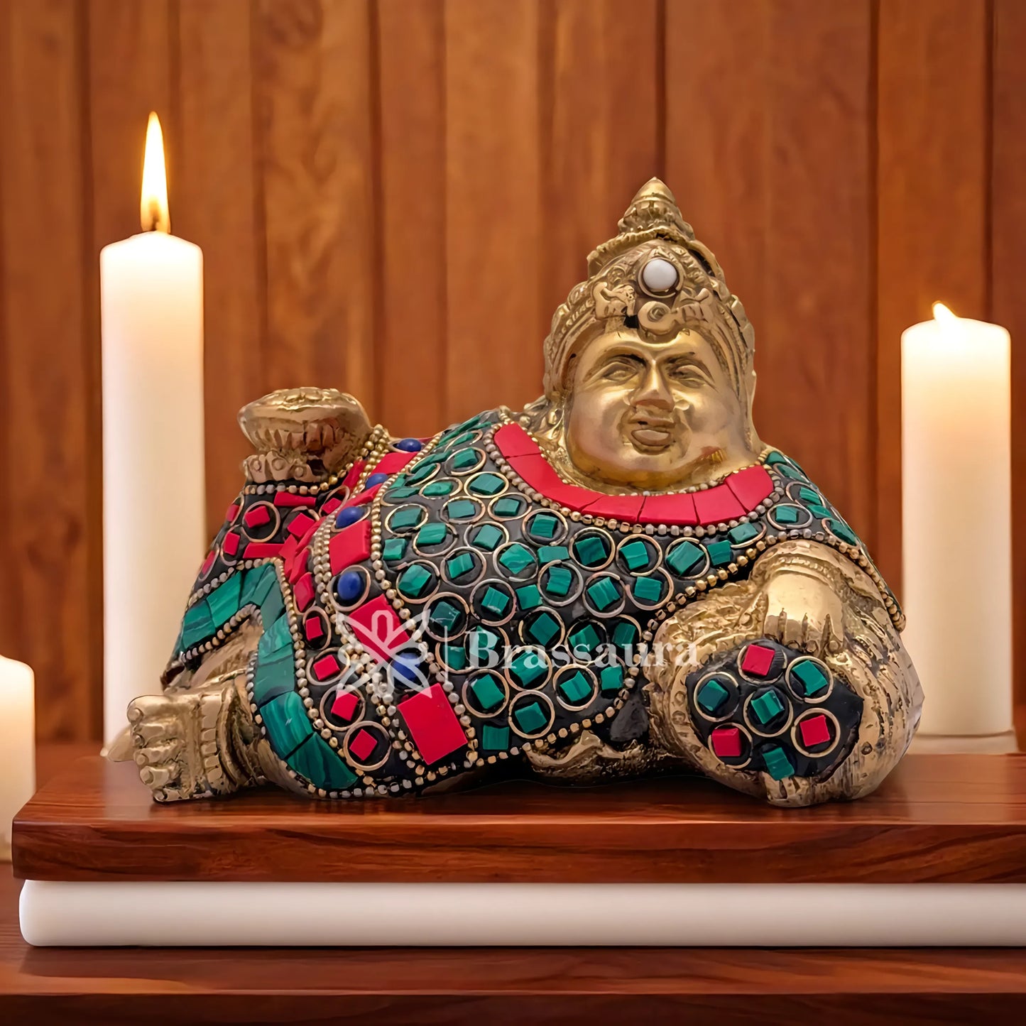 Brassaura™ Brass Gem Stone Work Kuber Idol – Height 4 Inches & Weight 1.2 Kgs | Divine Home & Pooja Sculpture
