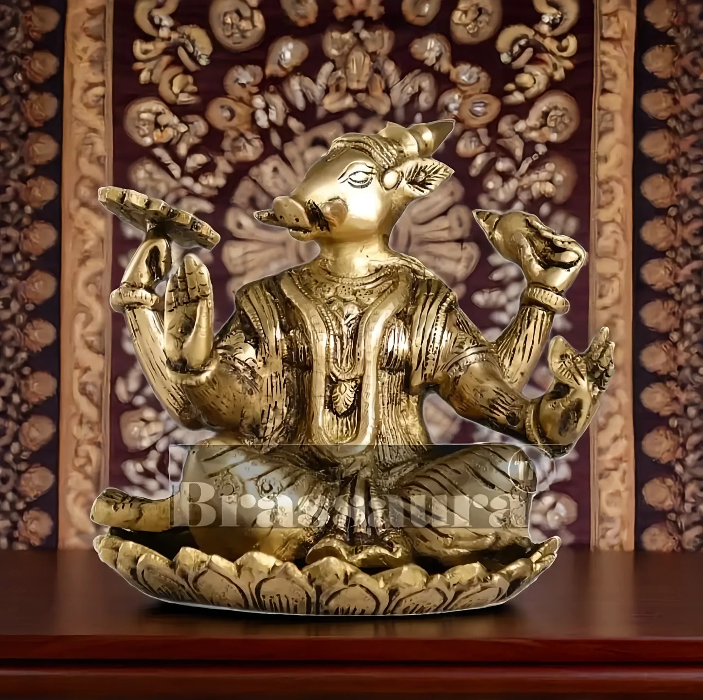 Brassaura™ Pure Brass Lord Varaha Idol – 6 Inch Height, 3 kg Weight | Handcrafted Vishnu Avatar with Boar Head & Human Body | Superfine Detailing