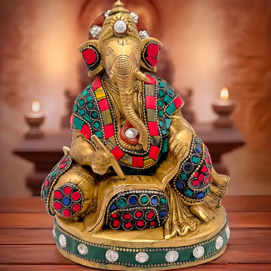 Brassaura™ Brass Gem Stone Work Ganesha Statue – Height 6.7 inches & Weight 1.82 kgs | Decorative Ganpati Murti for Home & Pooja Room