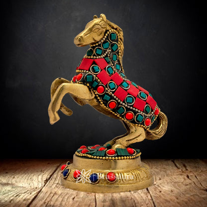 Brass Gem Stone Work Horse Idol for Home and Decor Weight .5 Kg Height 9 cm