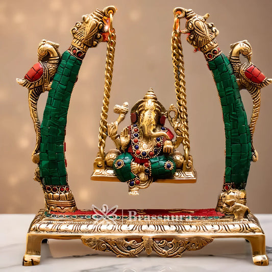 Brassaura™ Brass Gem Stone Work Ganesha Jhula Idol for Home and Decor | Weight 3.37 Kgs | Height 9.5 Inches
