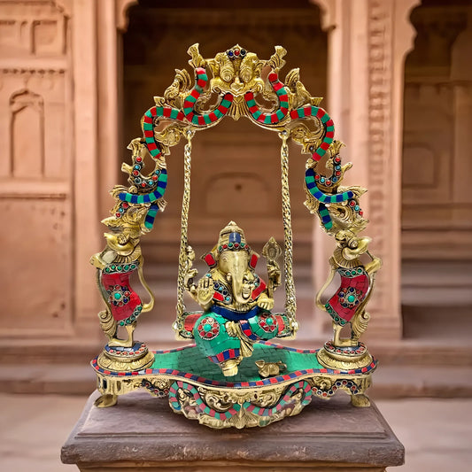 Brassaura™ Gemstone-Embellished Brass Ganesha Jhula for Home & Temple Décor | Height 21.7 Inches & Weight 7.5 Kgs