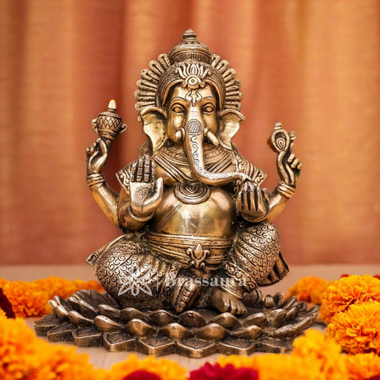 Brassaura™ Brass Lotus Ganesha Idol for Home and Decor | Weight 3.7 Kgs | Height 7.5 Inches