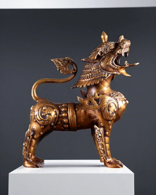 Brassaura™ Solid Brass Tibetan Lion Statue | Handcrafted Himalayan Heritage Art | Weight 20 Kgs | Height 14.5 Inches