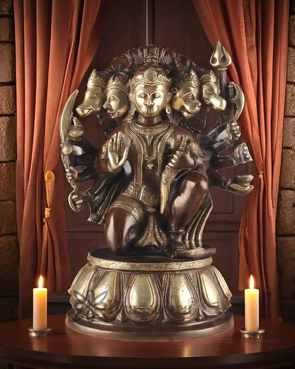 Brassaura™ Brass Panchmukhi Hanuman Idol – Height 13.5 Inches & Weight 9 Kgs | Dual Tone Chola Finish