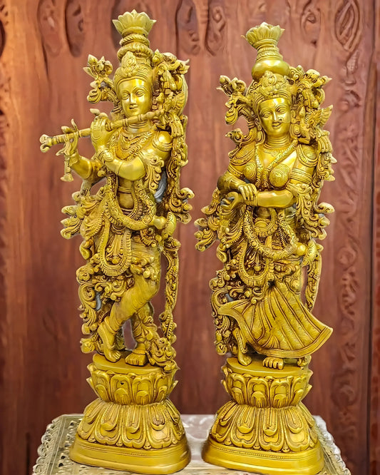 Brassaura™ Pure Brass Radha Krishna Idols – 30 Inch Height, 35 Kg Pair | Serene & Blissful Home Decor