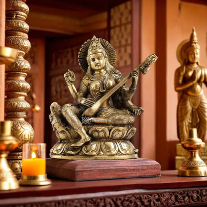Brass Saraswati Idol for Home and Decor Height 9 Inches & Weight 3.5 Kgs