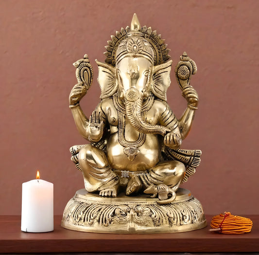 Brassaura™ Brass Mangalkari Ganapati on Lotus Throne – 22" Height, 27 kg – Handcrafted Divine Masterpiece