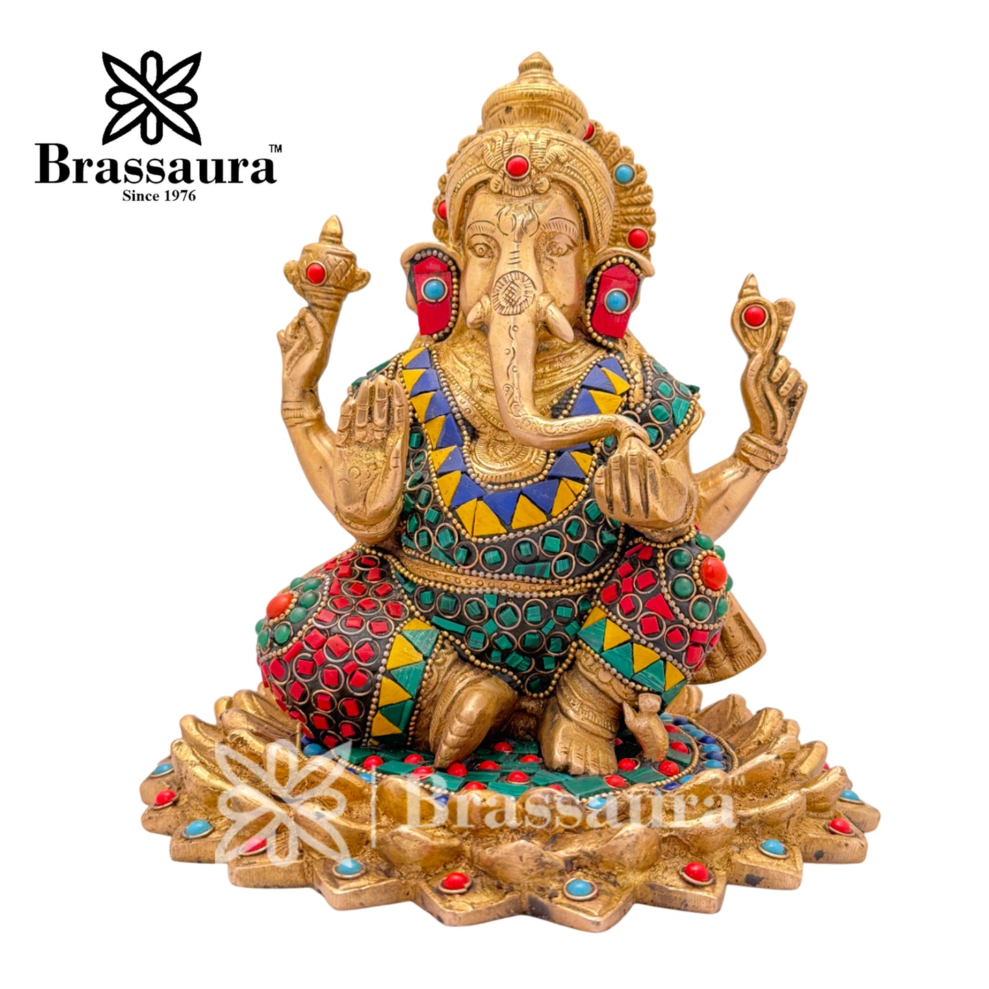 Brass Gem Stone Work Lotus Ganesha Idol for Home and Decor Weight 4.2 Kg Height 20 cm