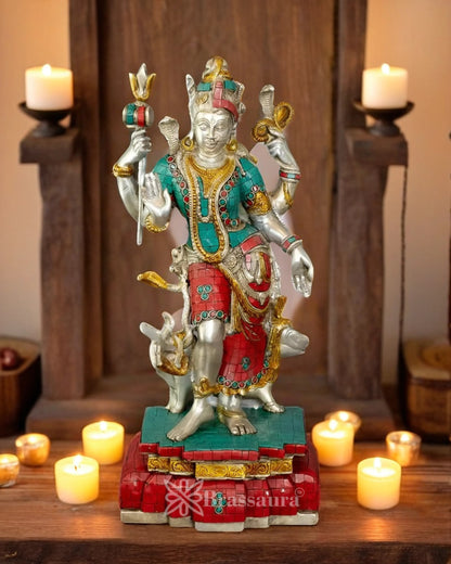 Brassaura™ Brass Gem Stone Work Ardhanarishwar Statue – Height 19 Inches & Weight 10 Kgs | Handcrafted Pooja Sculpture