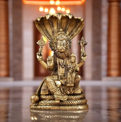 Brassaura™ Pure Brass Narasimha with Lakshmi Statue – 8 Inch Height, 2.2 kg Weight | Handcrafted Hindu Idol for Pooja & Home Decor