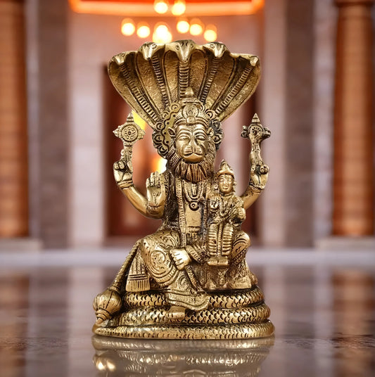 Brassaura™ Pure Brass Narasimha with Lakshmi Statue – 8 Inch Height, 2.2 kg Weight | Handcrafted Hindu Idol for Pooja & Home Decor