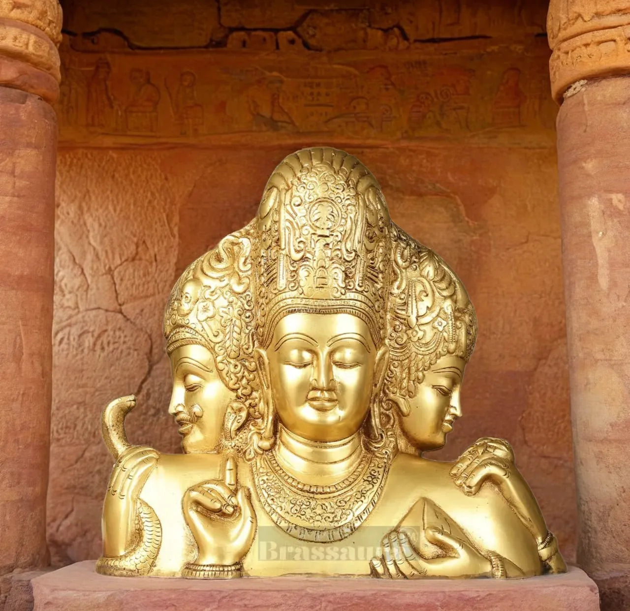 Brassaura™ Brass Superfine Trimurti Bust Statue – Brahma, Vishnu & Mahesh | 9.5 Inch, 4.6 Kgs