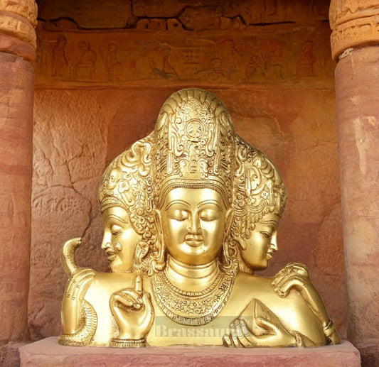 Brassaura™ Brass Superfine Trimurti Bust Statue – Brahma, Vishnu & Mahesh | 9.5 Inch, 4.6 Kgs