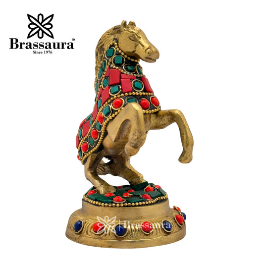 Brassaura® Brass Horse Idol with Gem Stone Work | Handcrafted Decorative Showpiece | Height 3.5 Inches & Weight 0.5 Kgs