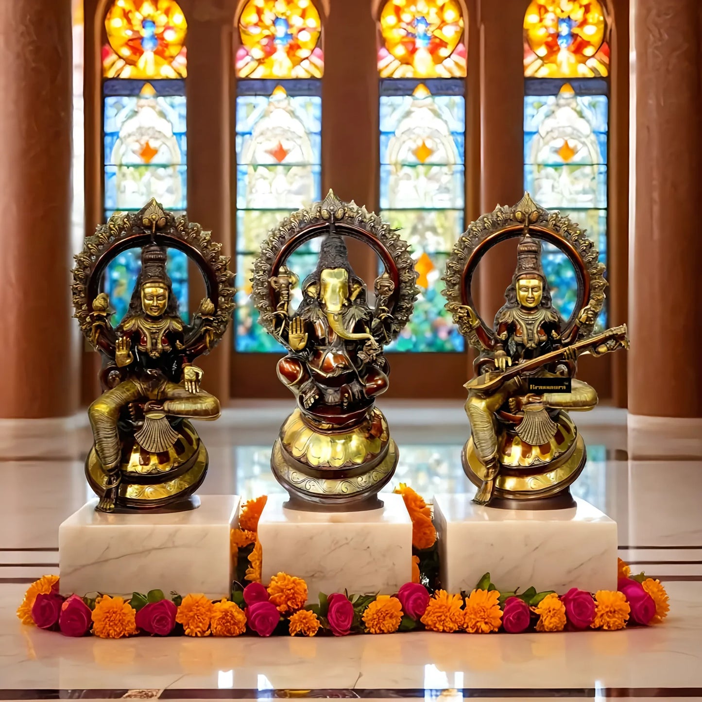 Brassaura™ Divine Brass Deity Set – Ganapati, Saraswati & Lakshmi | Height 27 inches Each | Weight 99 Kgs| Premium Home Decor