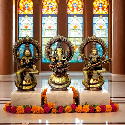 Brassaura™ Divine Brass Deity Set – Ganapati, Saraswati & Lakshmi | Height 27 inches Each | Weight 99 Kgs| Premium Home Decor